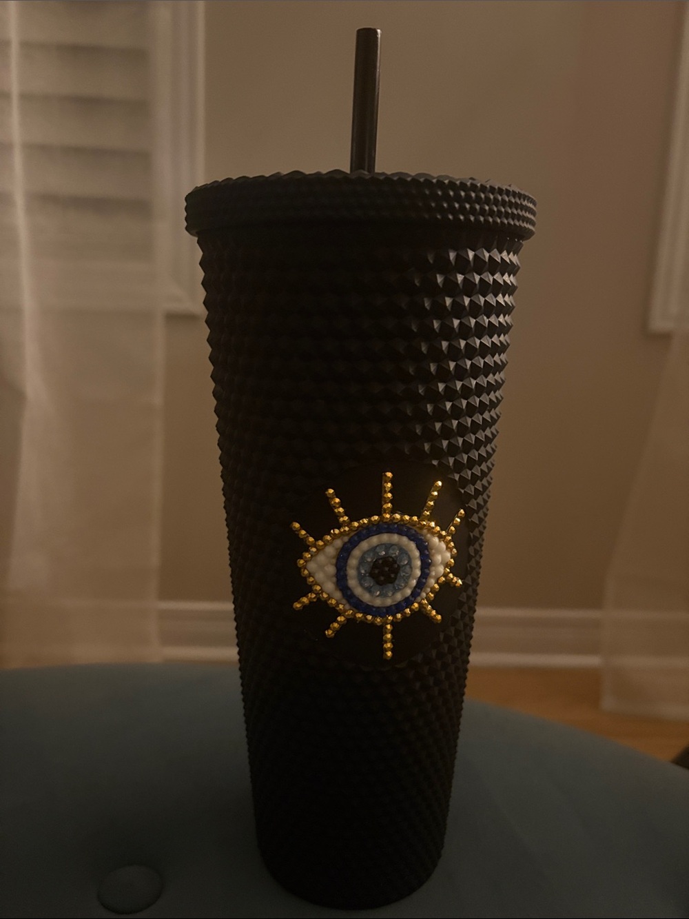 Black Studded Travel Tumbler with Beaded Evil Eye Accent